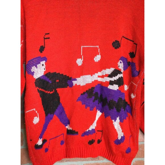 Vintage Red Knit Sweater Dance Music Theme Acrylic Novelty Design Made In USA - Picture 2 of 8